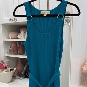 MICHAEL Michael Kors Teal Ribbed Tank Dress with Silver Ring Straps